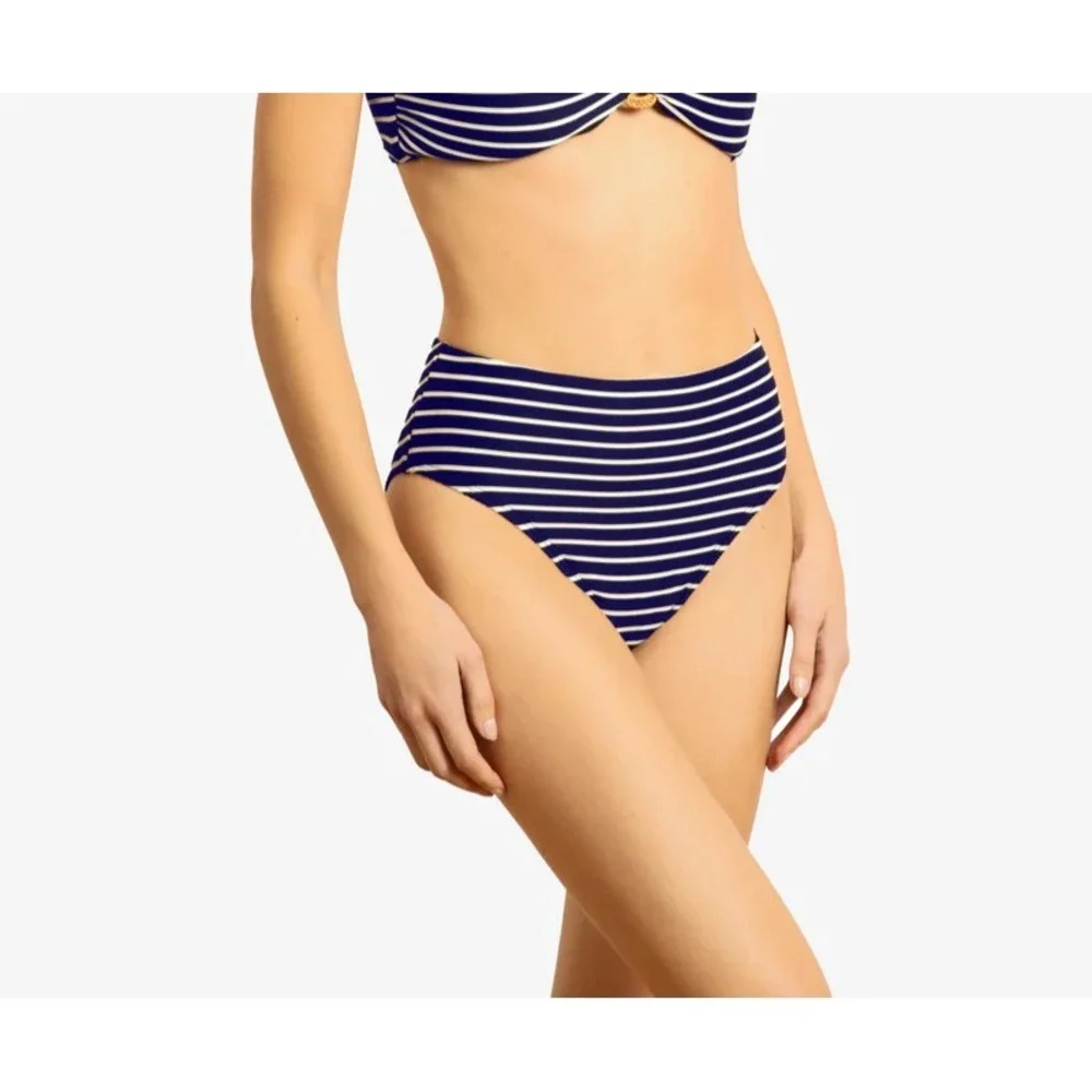 NEW Robin Piccone [‎ Large ] Parker High Waist Stripe Bikini Bottom Navy U1692